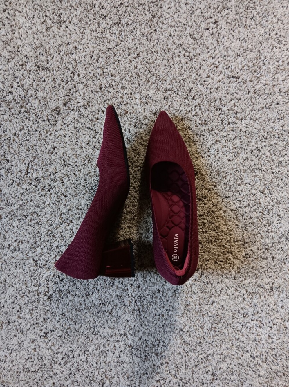 Vivaia Aria Pointed Toe Clear Block Heel In Burgundy Knit Upper
